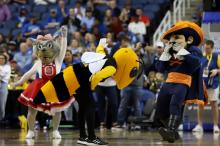 The ACC mascots staged a dance-off during halftime of the Duke vs Pitt game. Duke advanced to the semifinals of the 2023 ACC Tournament by dominating Pitt by a score of 96-69 on March 9, 2023. (Jerome Carpenter/WRAL Contributor)