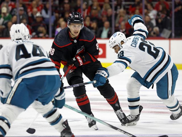 Teravainen notches a hat trick as the Hurricanes shut out the winless Sharks 3-0 on WRALSportsFan.com.