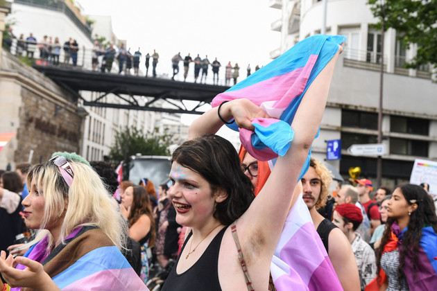 A participant holds a transgender flag during the annual Pride Parade in Paris. 