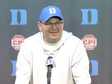 Duke coach Mike Elko speaks with reporters on Monday, Nov. 20, 2023.