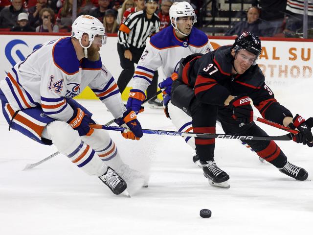 The Hurricanes scored four goals within a span of 5 minutes and 31 seconds in the first period, ultimately defeating the Oilers 6-3 on WRALSportsFan.com.