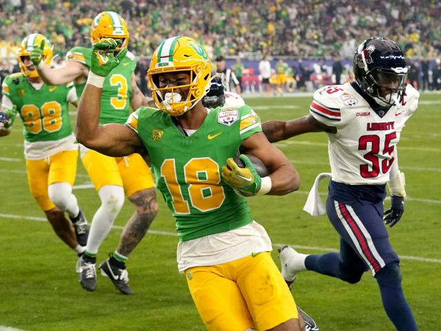 Nix concludes his career with five touchdown passes, leading No. 8 Oregon to a dominant 45-6 victory over Liberty in the Fiesta Bowl.