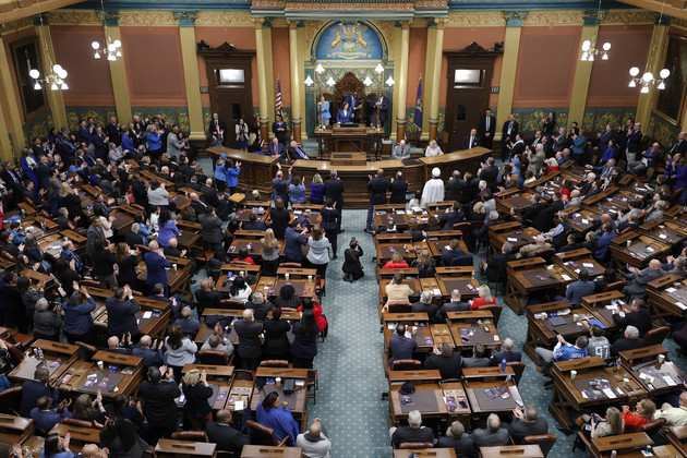 Gretchen Whitmer delivers her State of the State address to a joint session of the House and Senate at the state Capitol in Lansing, Michigan.