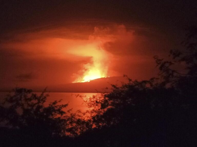 A volcanic eruption on a deserted Galapagos island causes lava to flow into the ocean.