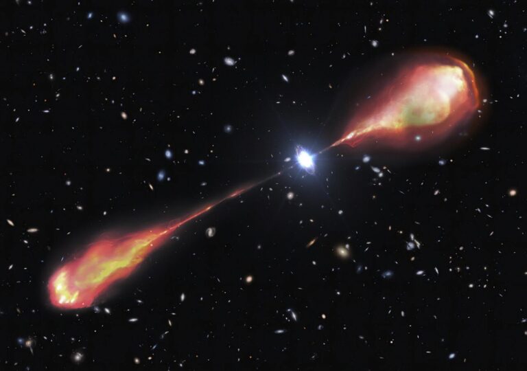 Telescopes spy a monster radio jet streaming from a bright and early object in the universe